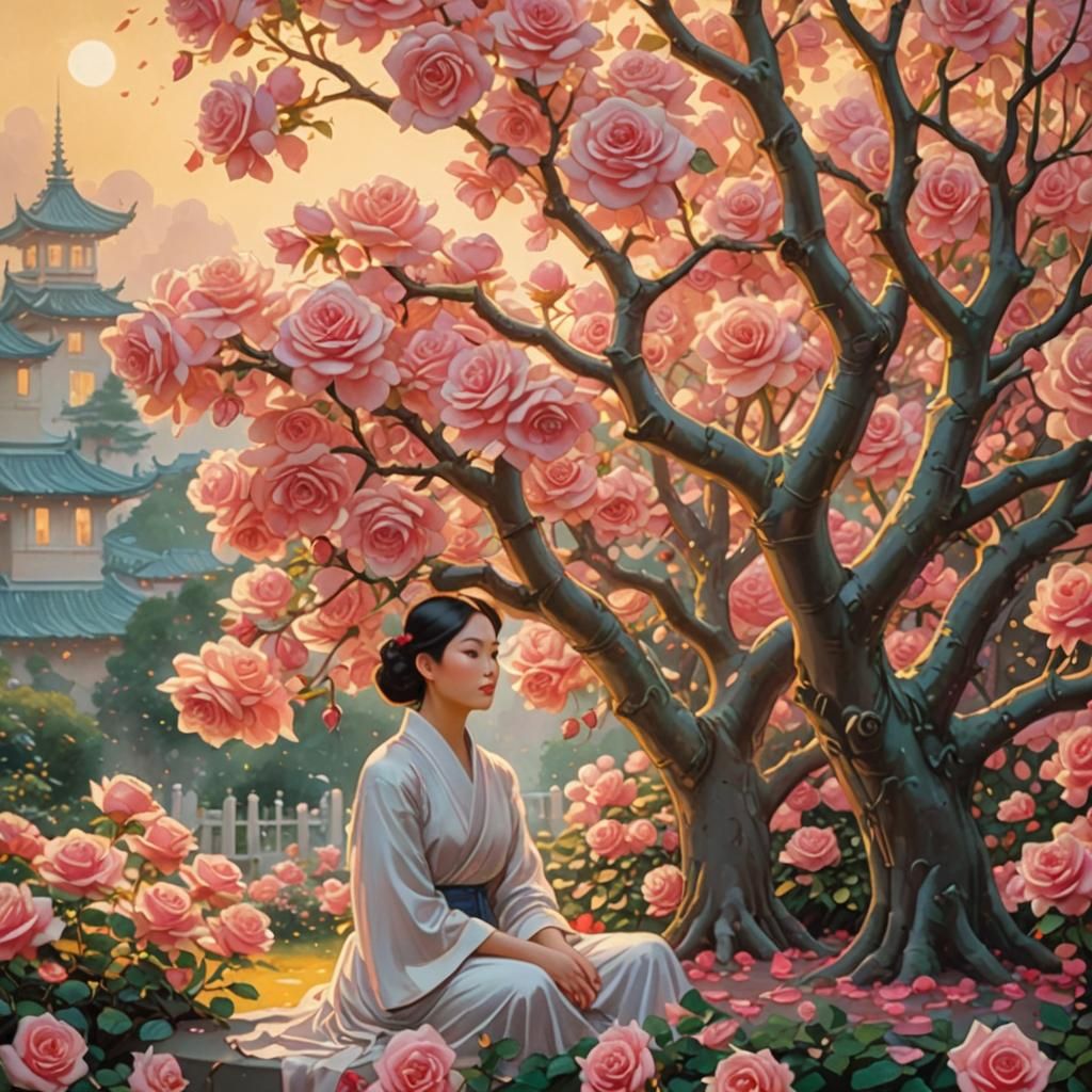 Ethereal Asian Woman in Rose Garden Illustration
