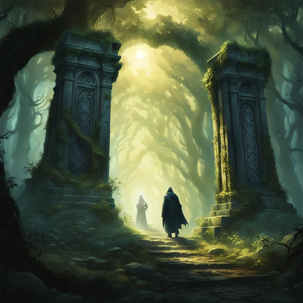 Mysterious Hooded Figure in Mystical Forest Ruins