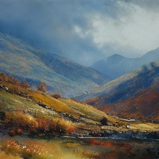 Sun, Clouds, and Rain in Hilly Landscape