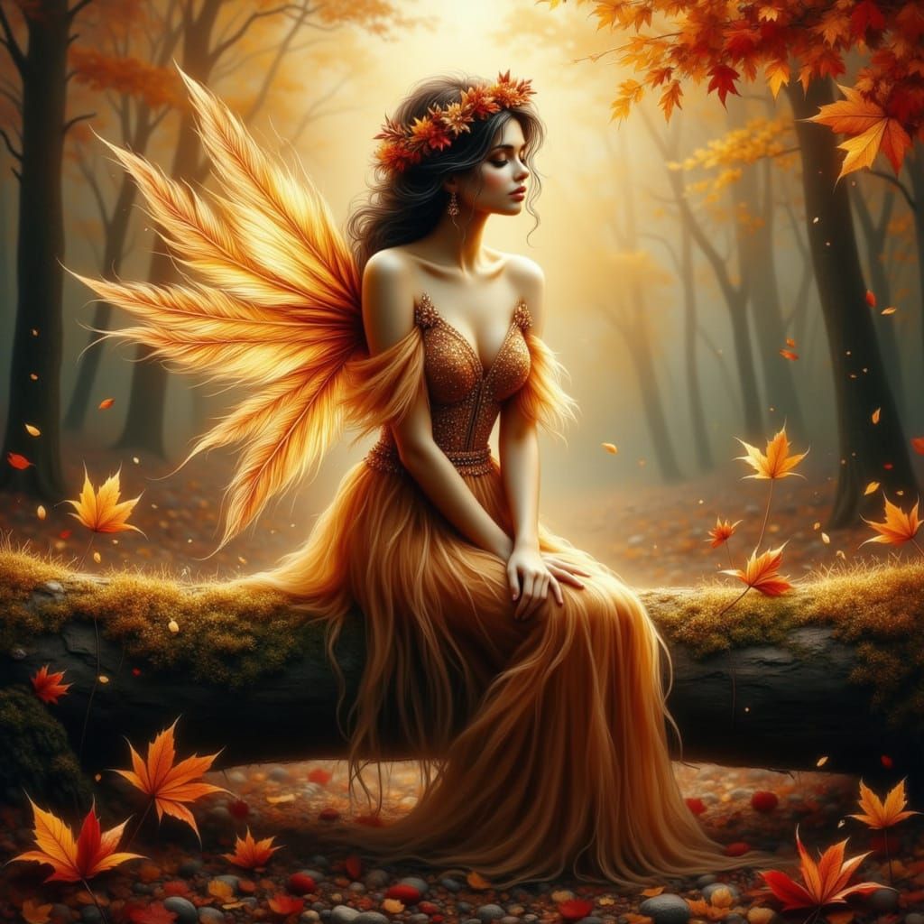 Autumn Fairy on Mossy Log in Enchanted Forest
