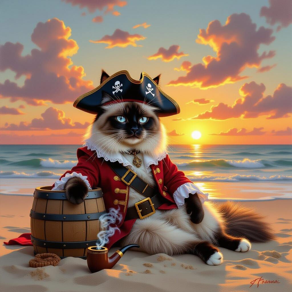 Regal Pirate Cat on Beach at Sunset Oil Painting