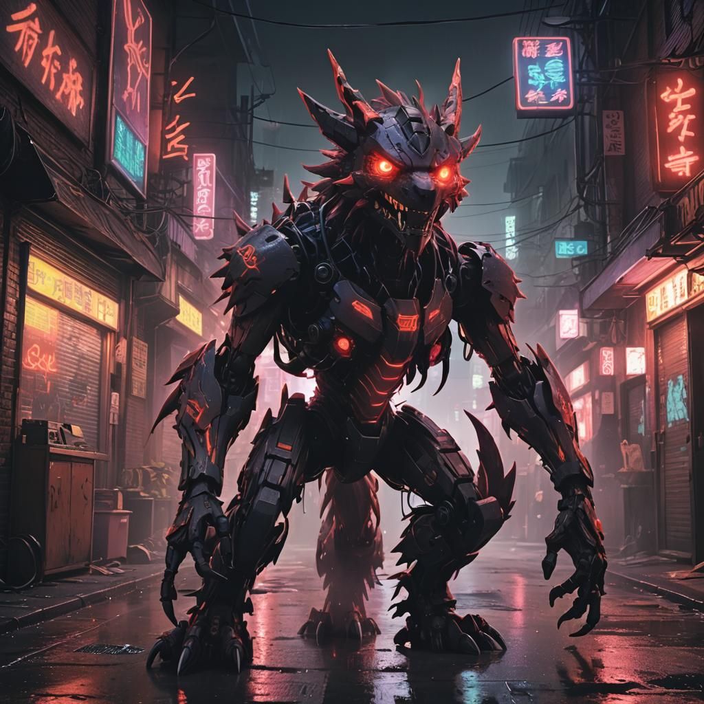 Sick Digimon in Polluted Sci-Fi Alleyway