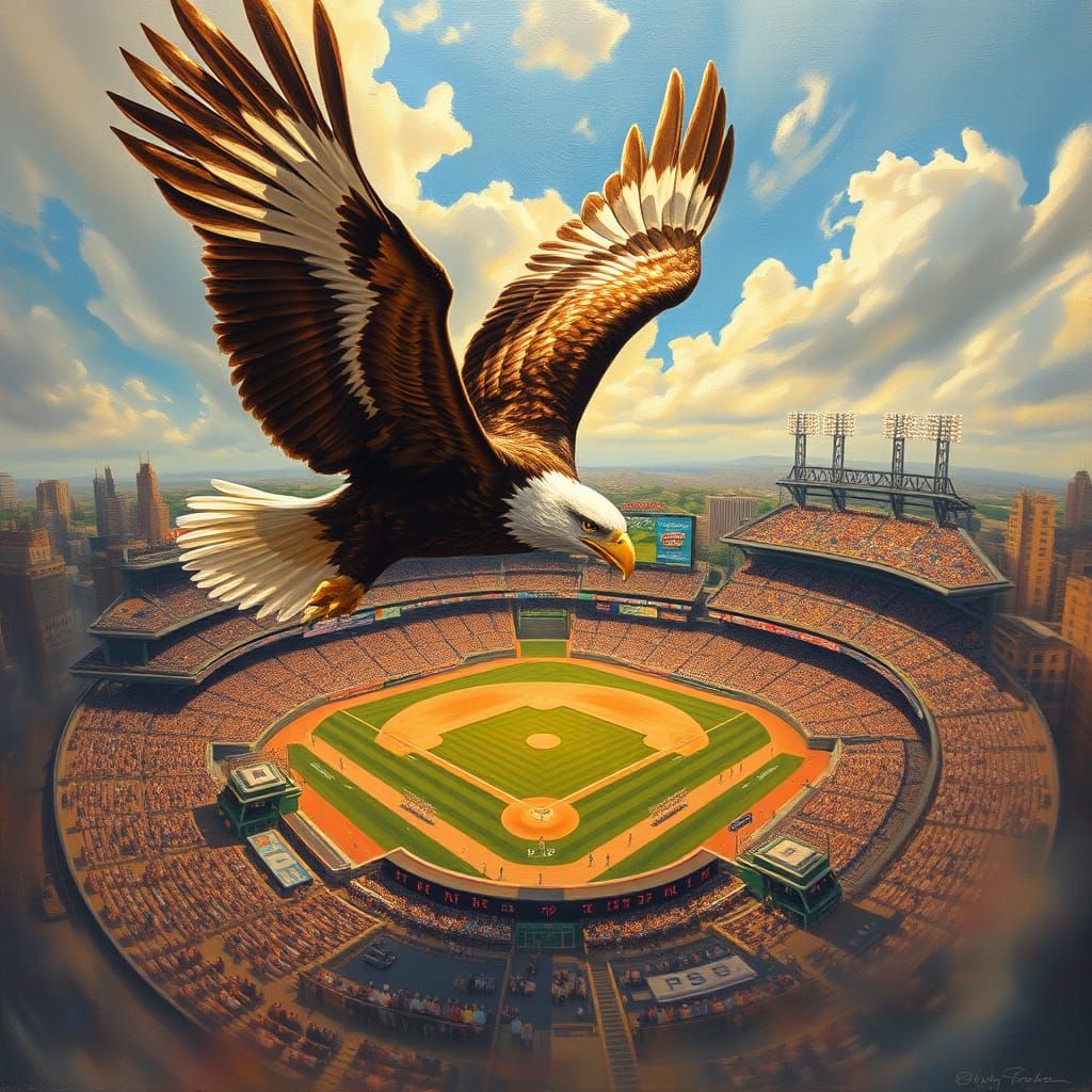 Eagle Soaring Over Baseball Stadium: Gurney-Inspired Oil Pai...