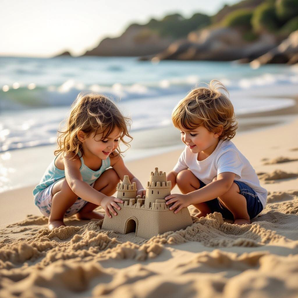 Children Building Sandcastle on Beach, Professional Photogra...