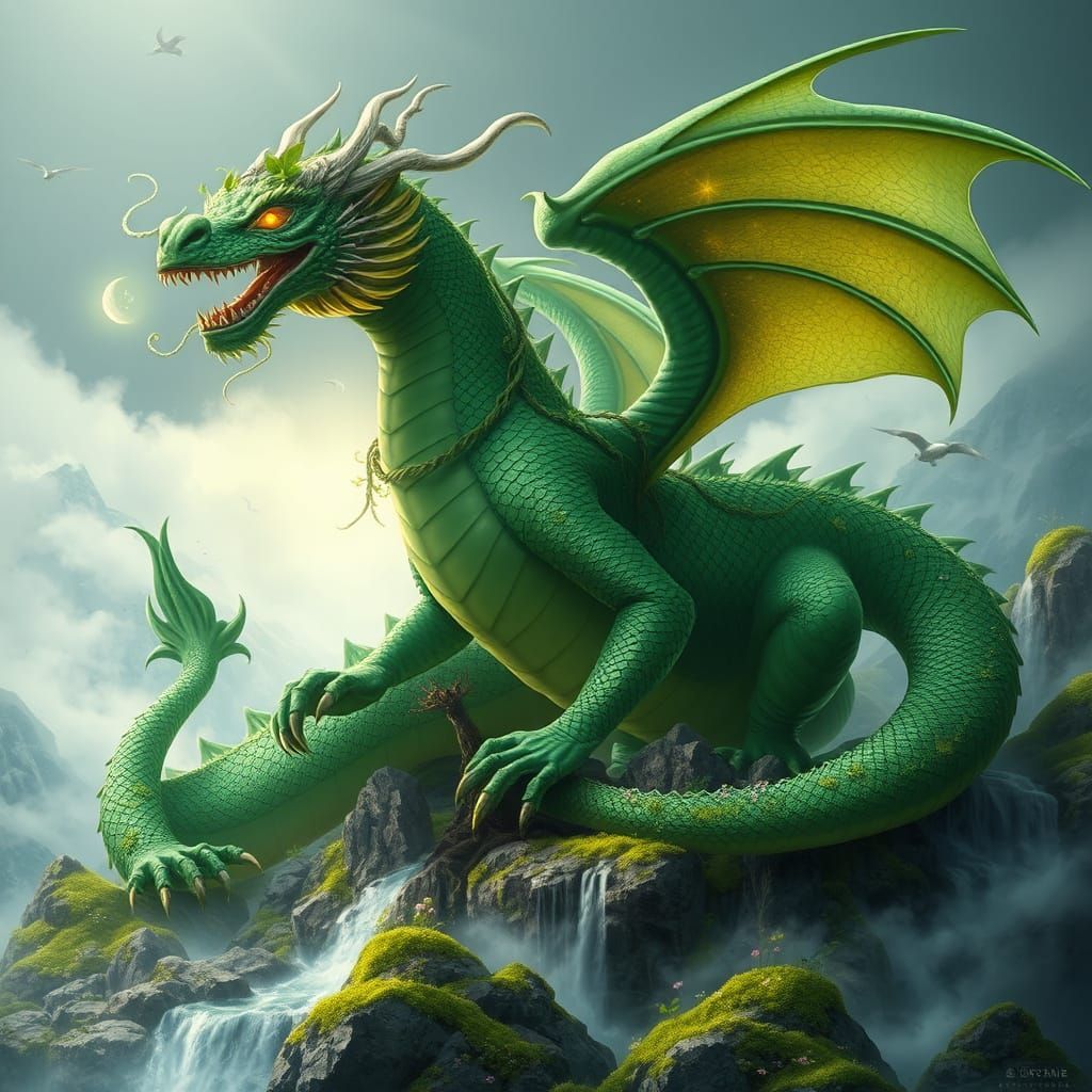 Emerald Earth Dragon Rising from Ancient Mountains