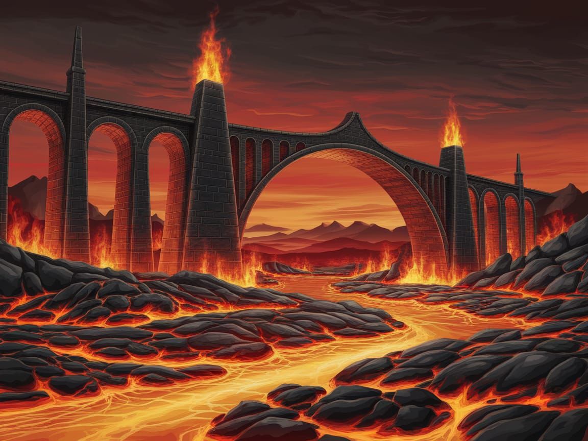 Epic Dark Fantasy Bridge Over Lava River in Infernal Landsca...