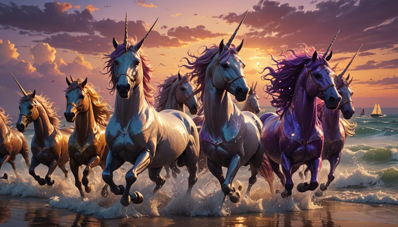 Unicorns Galloping on Beach at Sunset