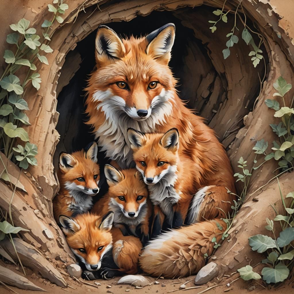 Endearing Fox Family in Cozy Burrow: Wildlife Illustration