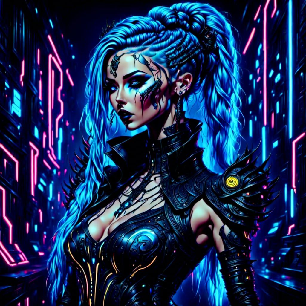 Cyberpunk Princess with Neon Hair in Neon Castle