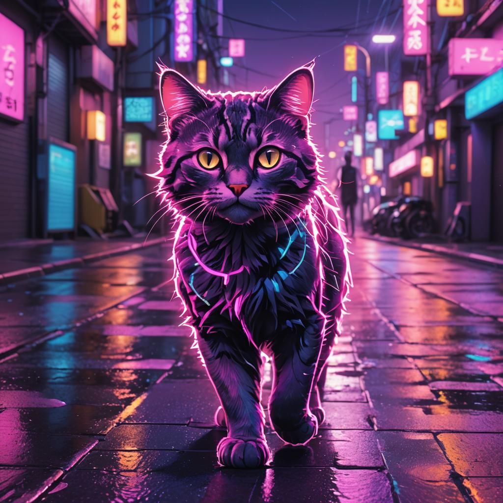 Glowing Cat Strolls Down Neon Japanese Street