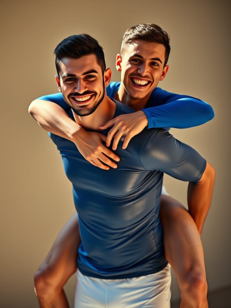 Two Kazakh Friends Pose in Joyful Piggyback Stance