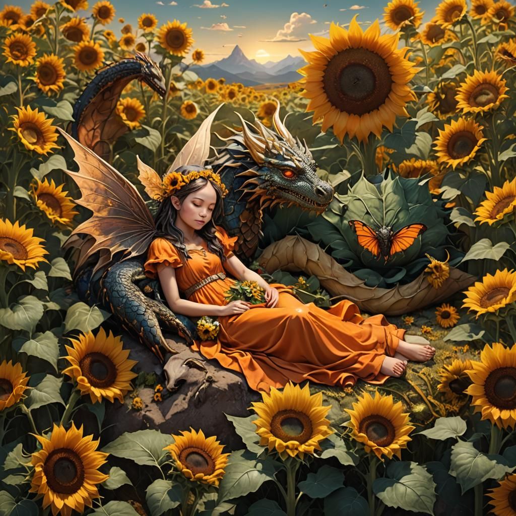 Fairy Child Asleep on Sunflower Field, Fantasy Art