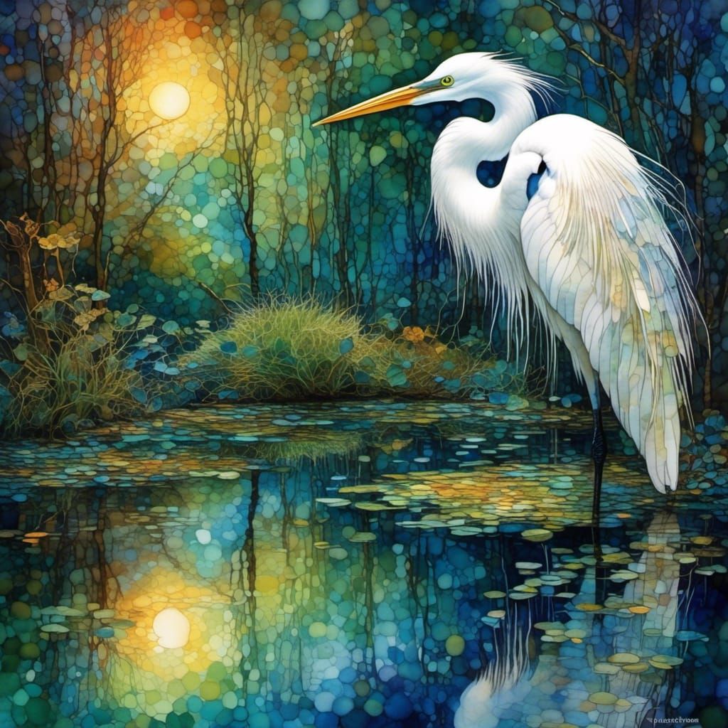 White Egret in Pond: Alcohol Ink Double Exposure