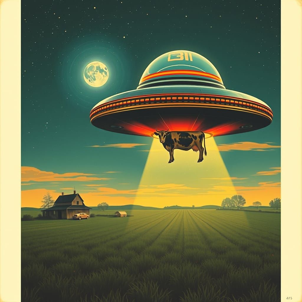 Flying Saucer Abducting Cow in Vintage Sci-Fi Style