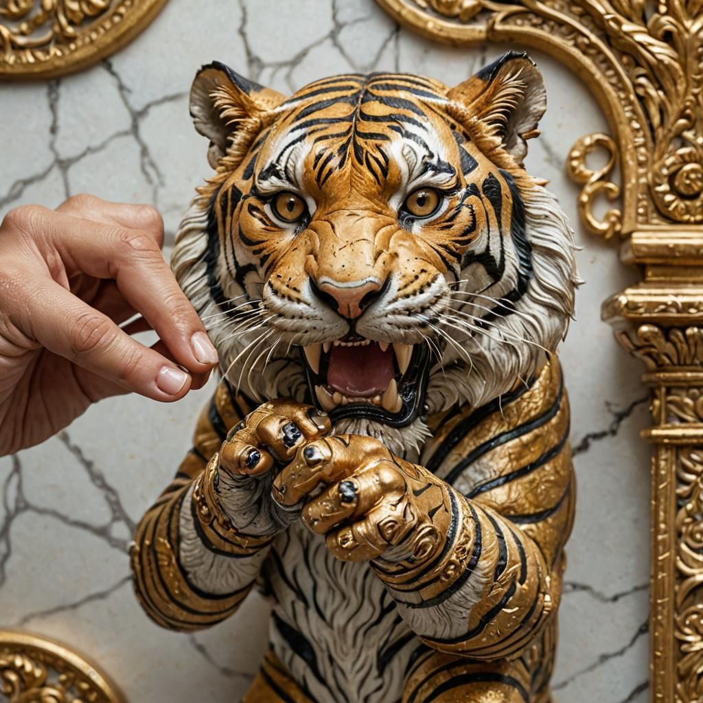 Miniature Tiger Bites Fingertip in Surreal Setting