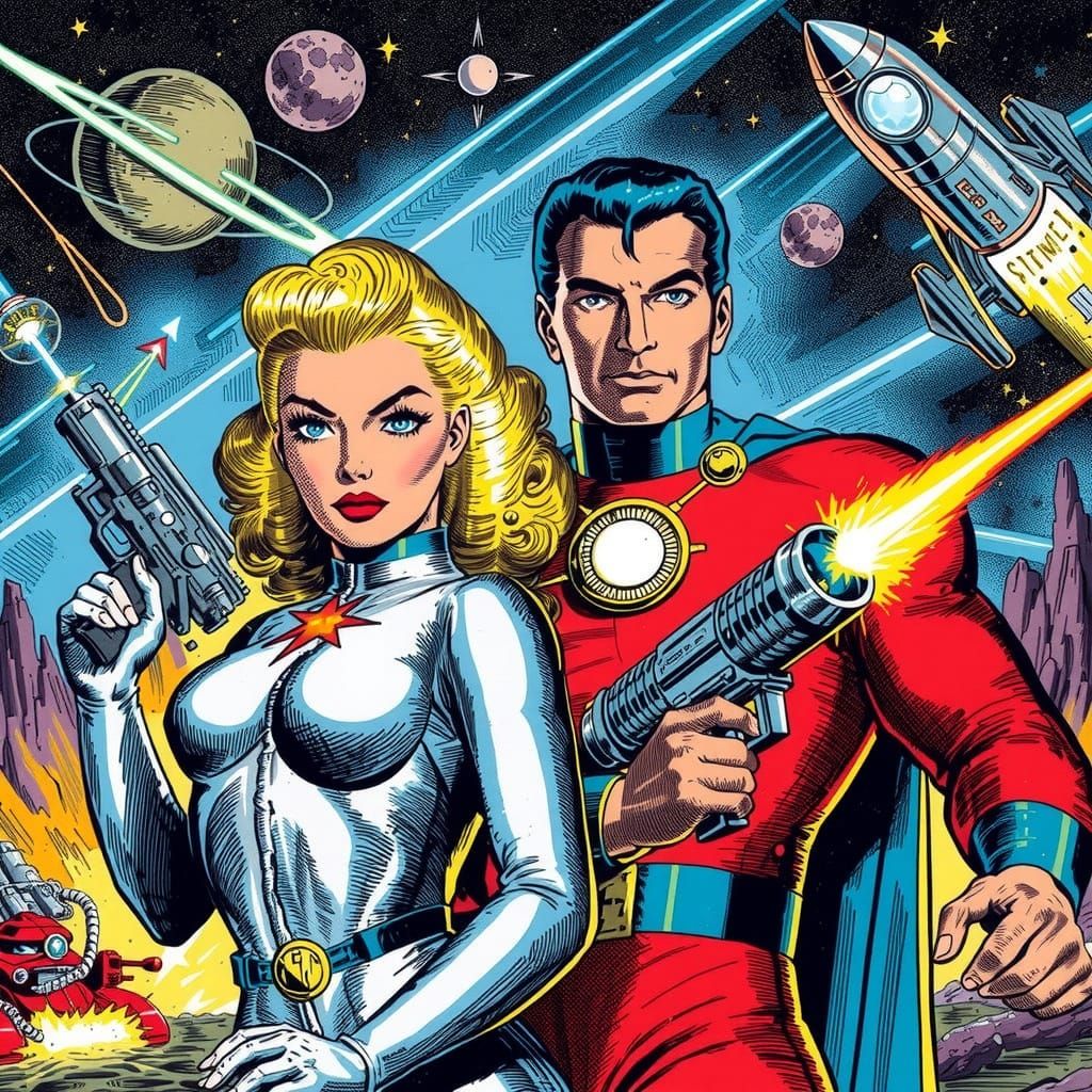 Golden Age Superheroine Battles Space Foe in Pulp Comic Styl...