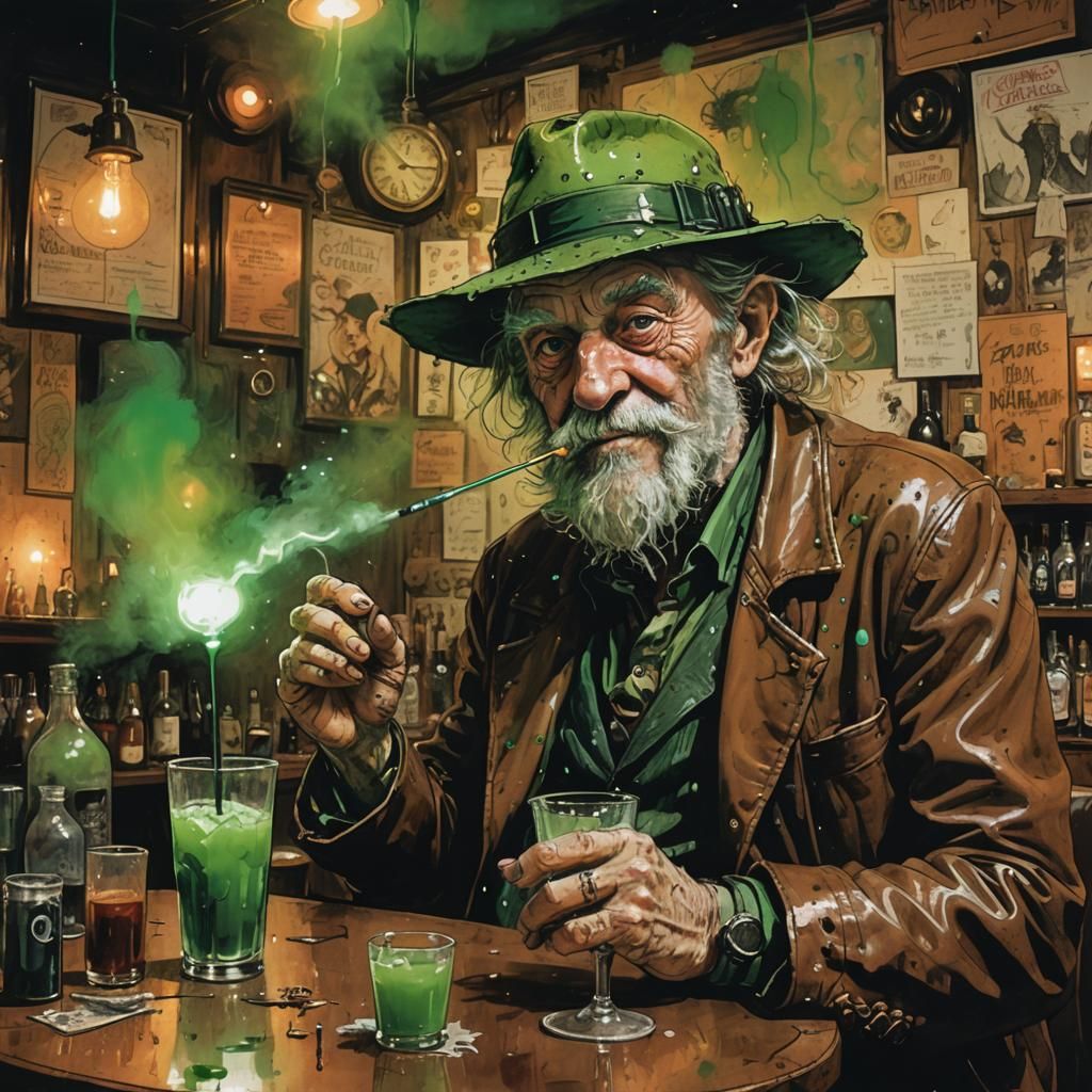 Eccentric Old Man Sipping Glowing Drink, Gonzo Art