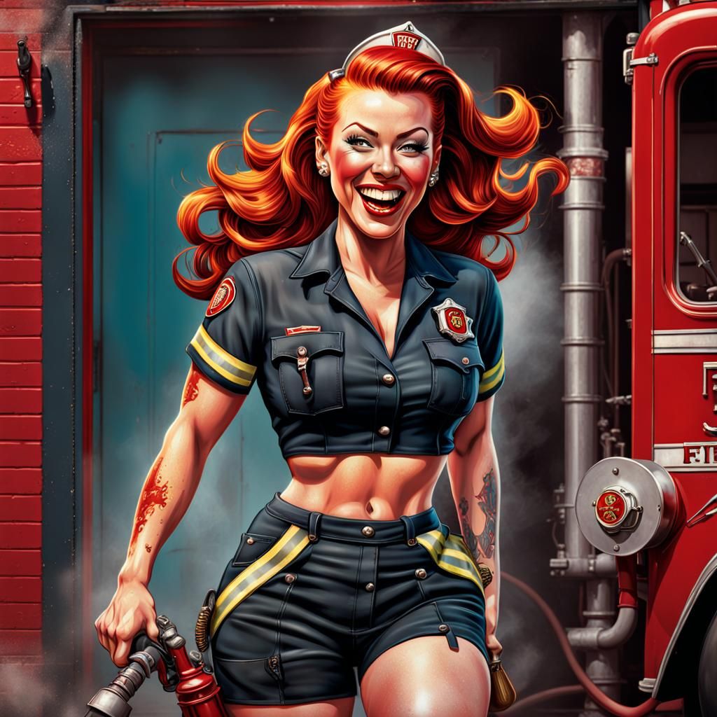 Vintage Rockabilly Firefighter Pinup Art