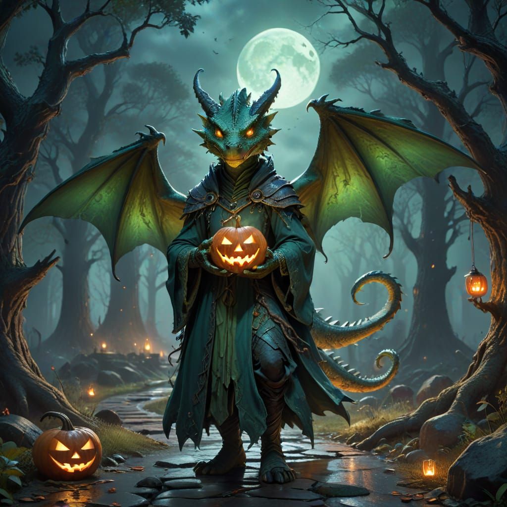 Friendly Green Dragon in Witch Costume Holding Jack-o'-lante...