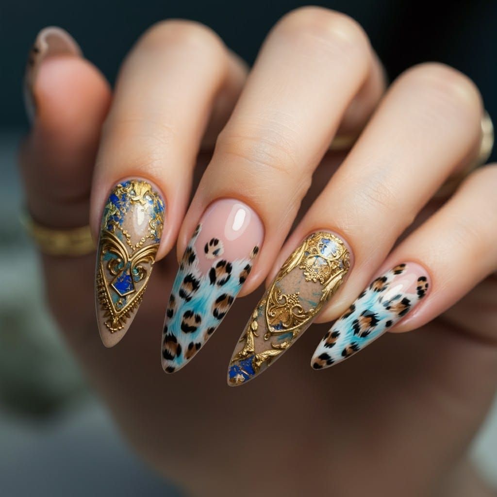 Luxurious Leopard Print Nail Art with Gold Decals