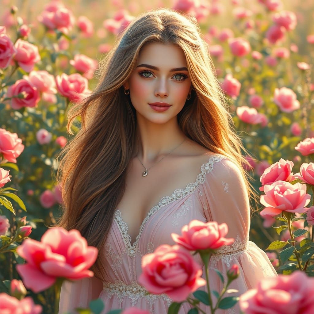 Woman in Rose Field: Romantic Realism