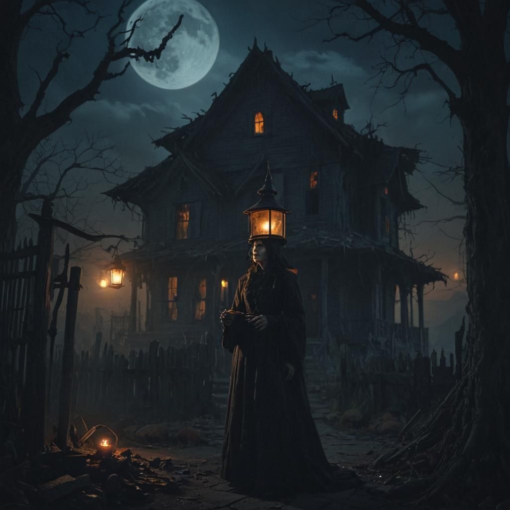 Witch and Haunted House in Eerie Matte Painting
