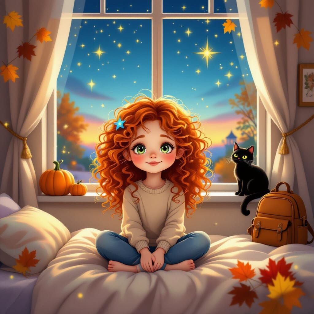 Enchanting Bedroom Scene With Girl, Cat, and Stars