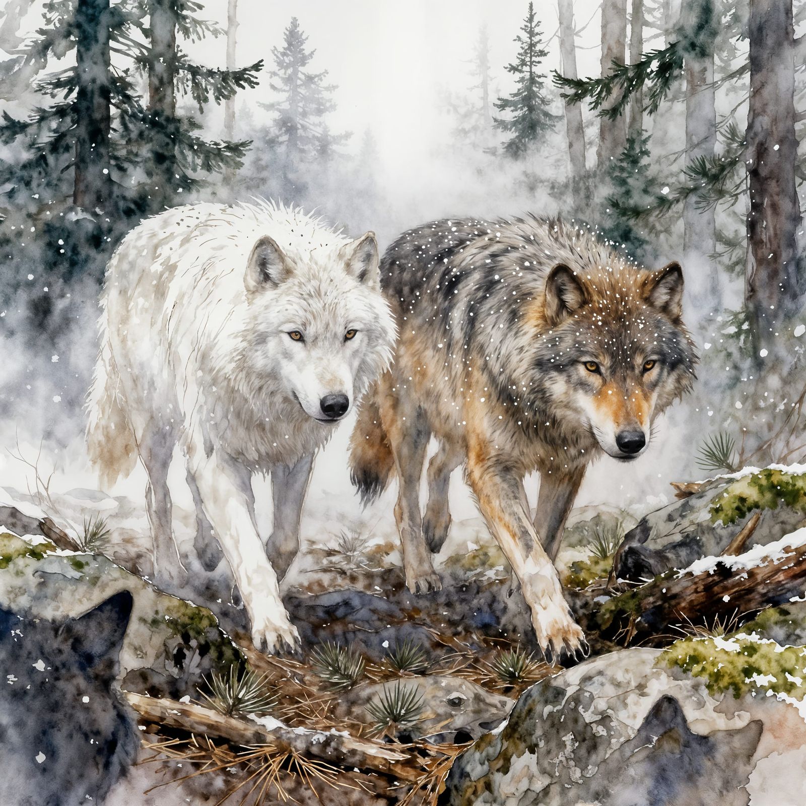 Two Wolves in Misty Forest, Hyper-Realistic Watercolor