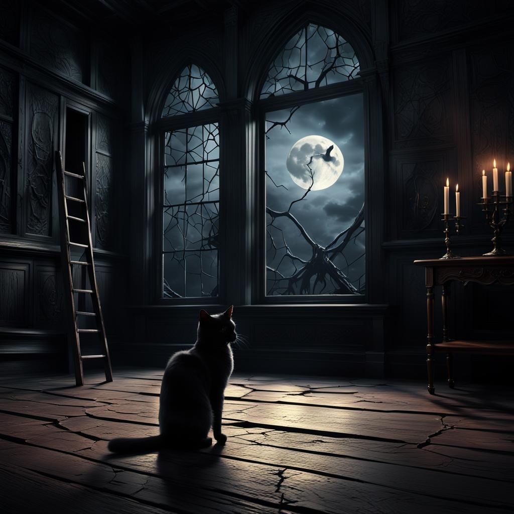 Black Cat in Gothic Room with Moonlight