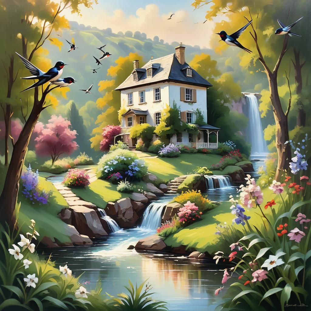Swallows in Picturesque Landscape: Whimsical Oil Painting
