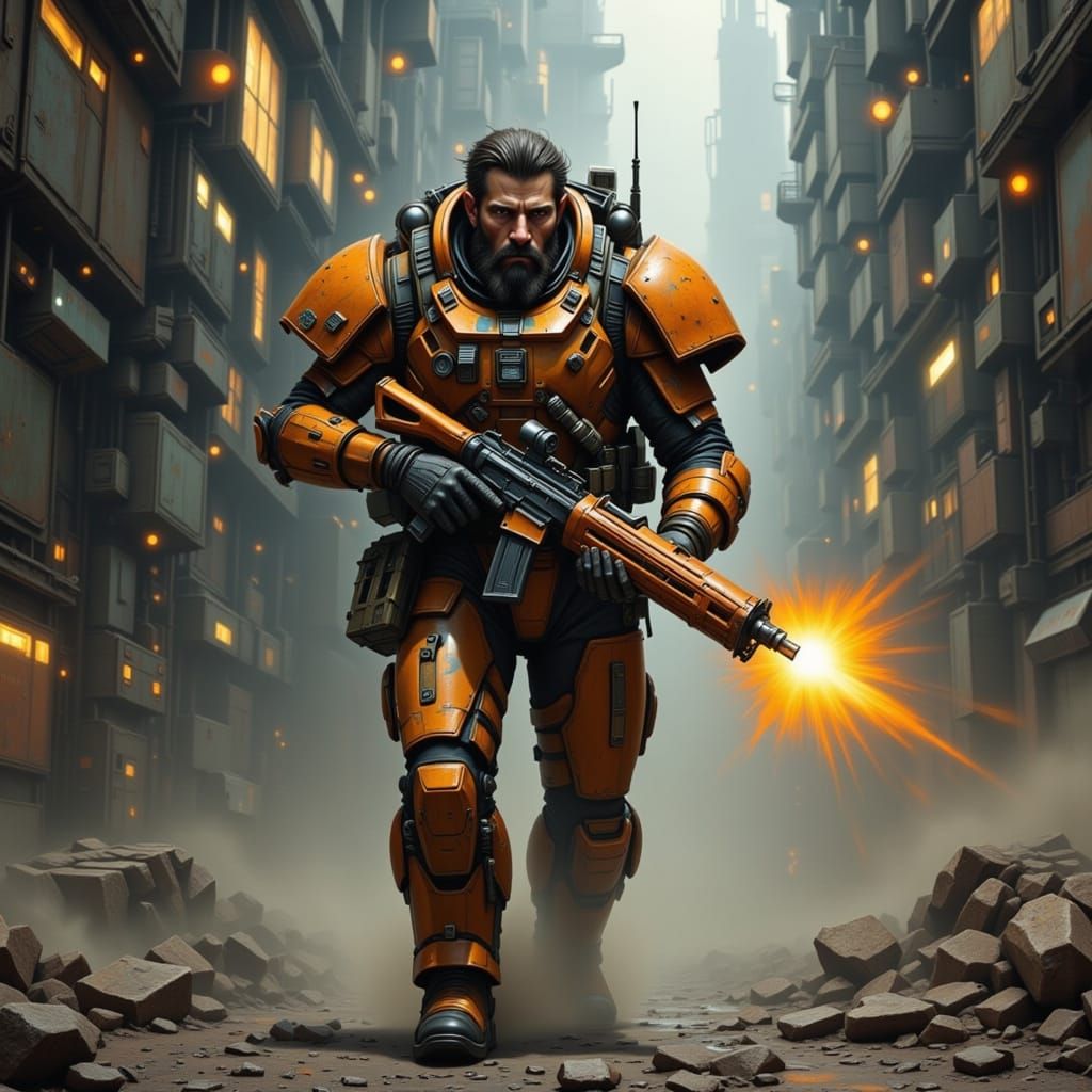 Space Marine Fires Blaster in Smoke-Filled Corridor