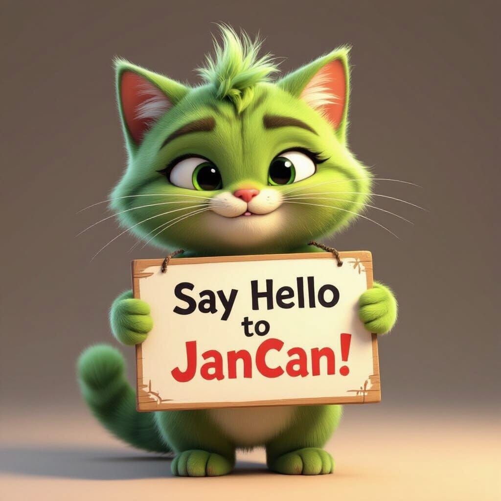 Green Cartoon Cat Holding 'JanCan!' Sign in Pixar Style
