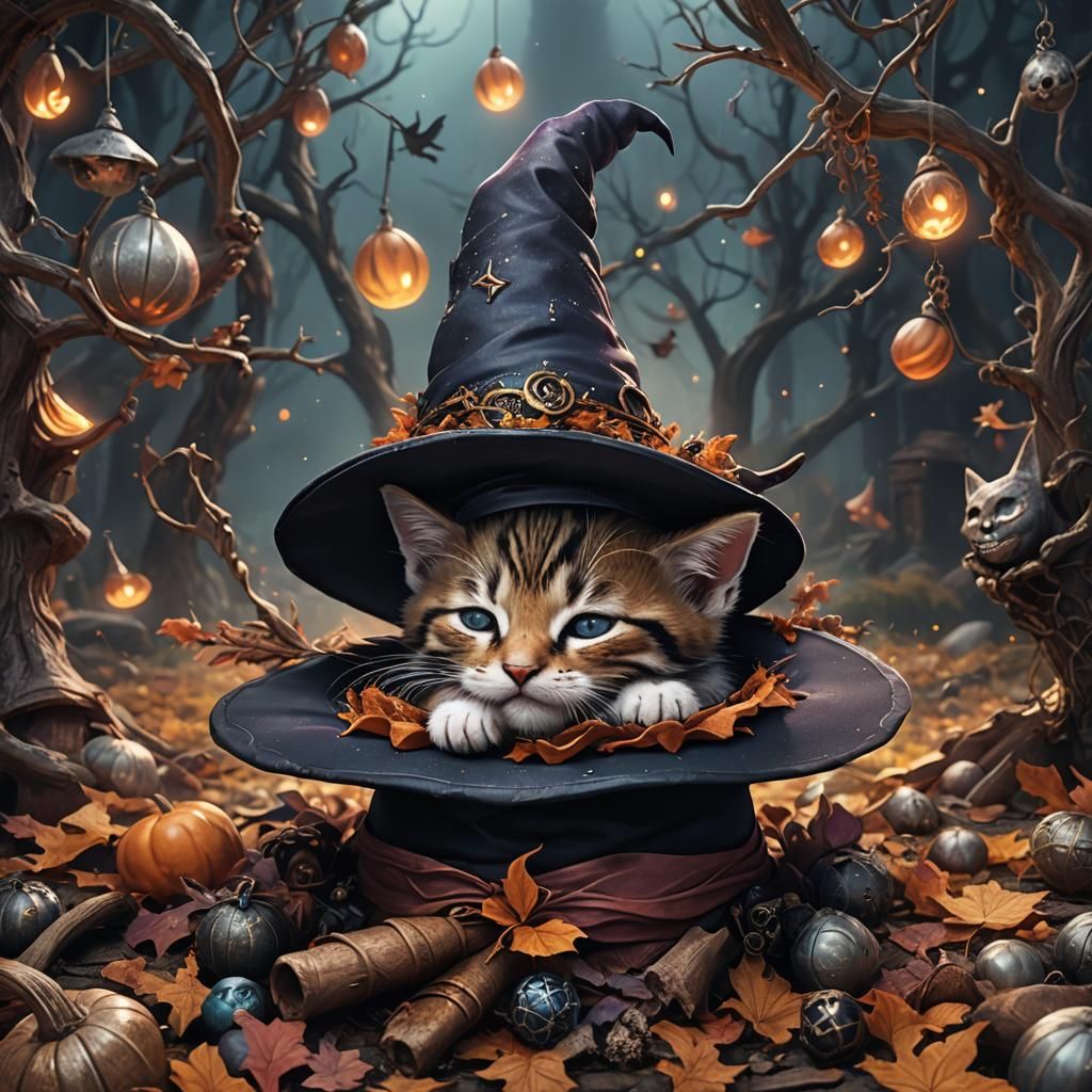 Kitten Nap in Witch Hat: Fantasy Concept Art