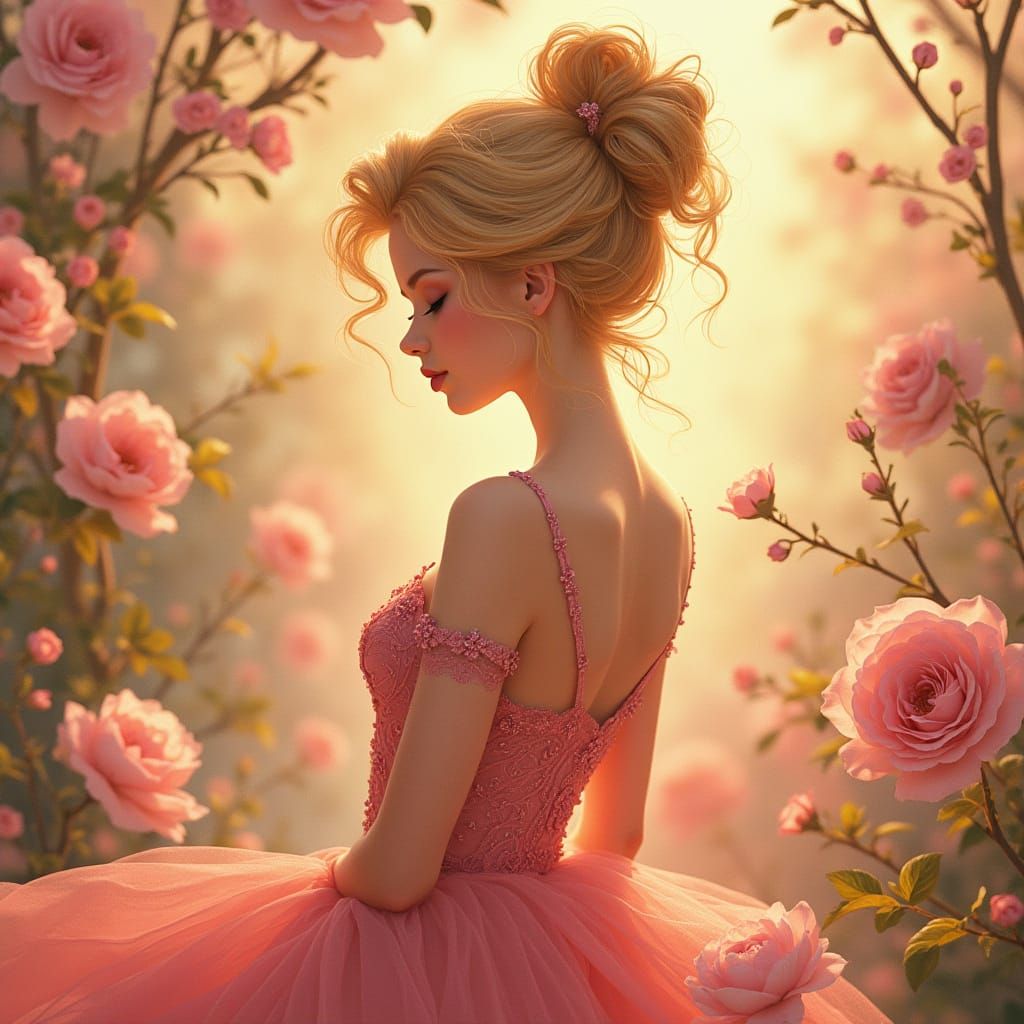 Blonde Woman in Embroidered Dress, Art Nouveau Style