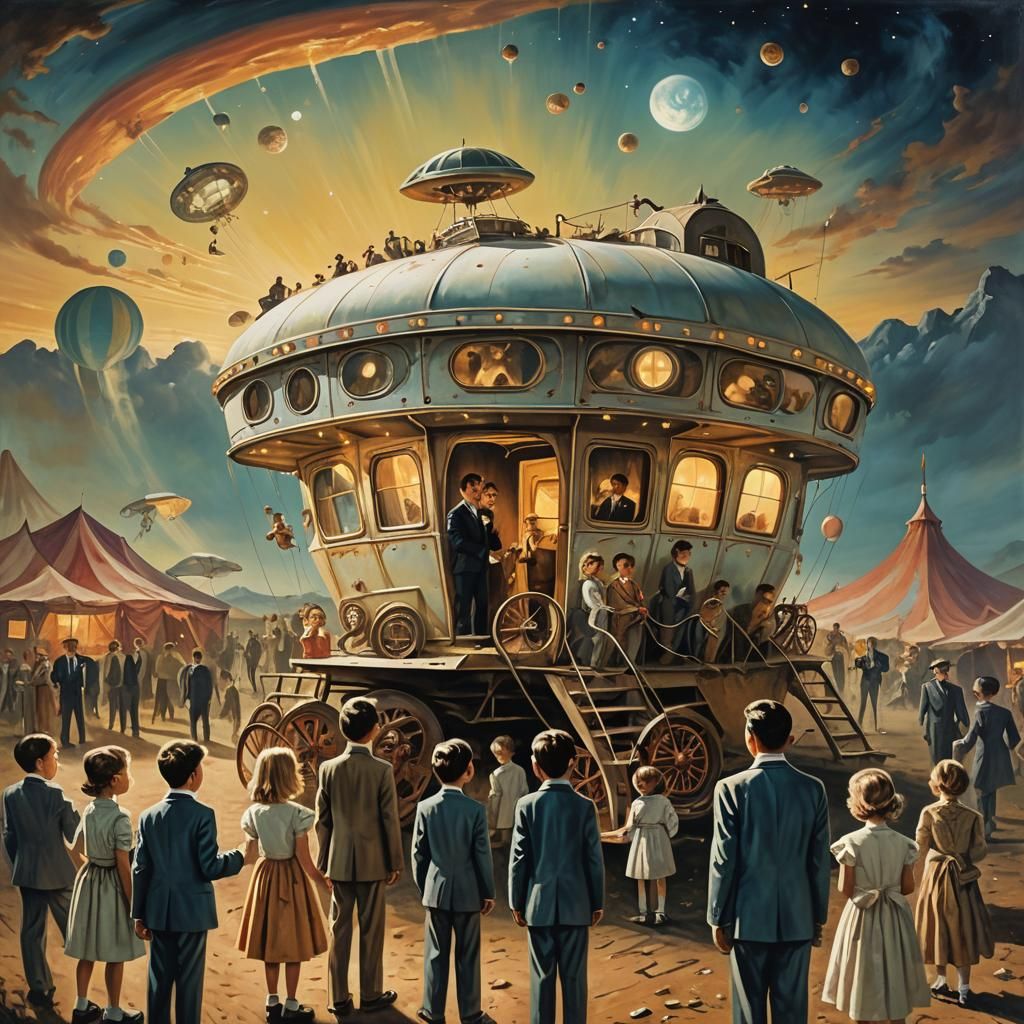 Surreal Circus Encounter with Flying Saucer, Salvador Dali S...