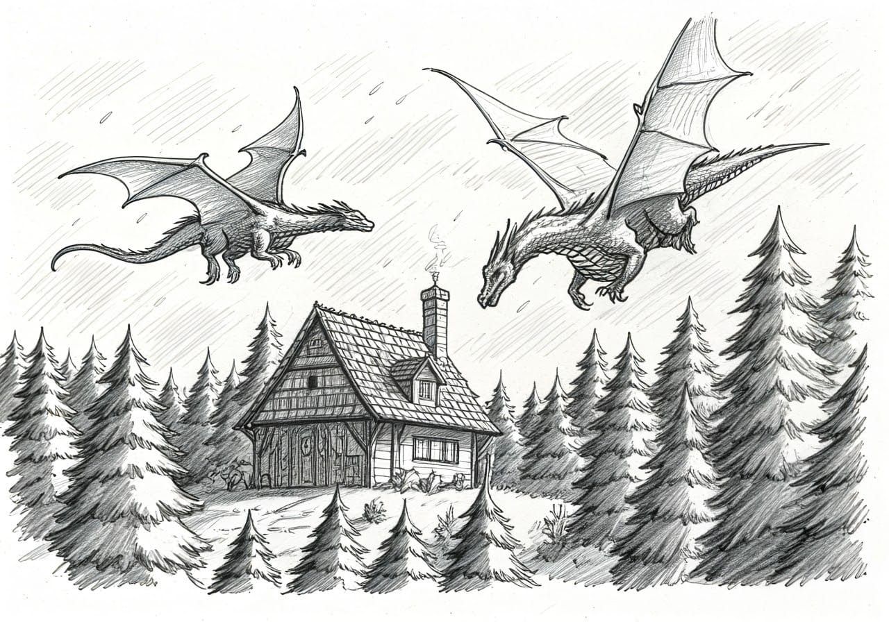 Dragons Flying Over House: Black and White Sketch