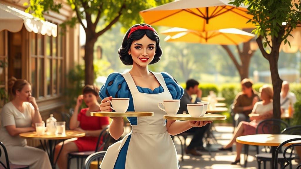 Charming Waitress Snow White Serves in Sunny Café