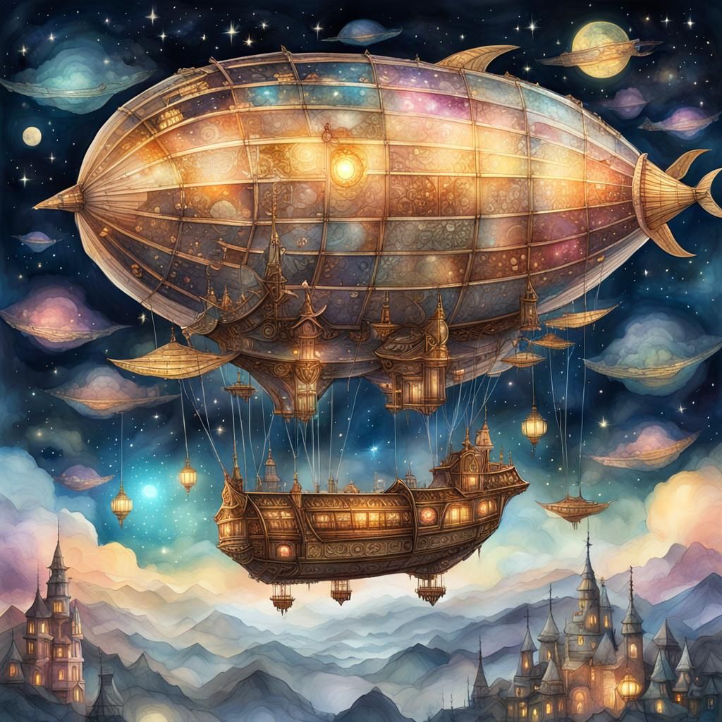 Ultra detailed airship flies in the starry beautiful sky