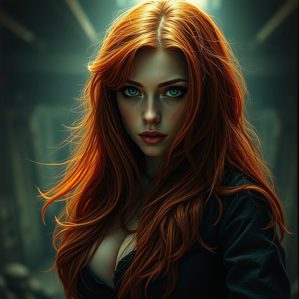 Ginger Woman Portrait in Dark Fantasy Cinematic Style