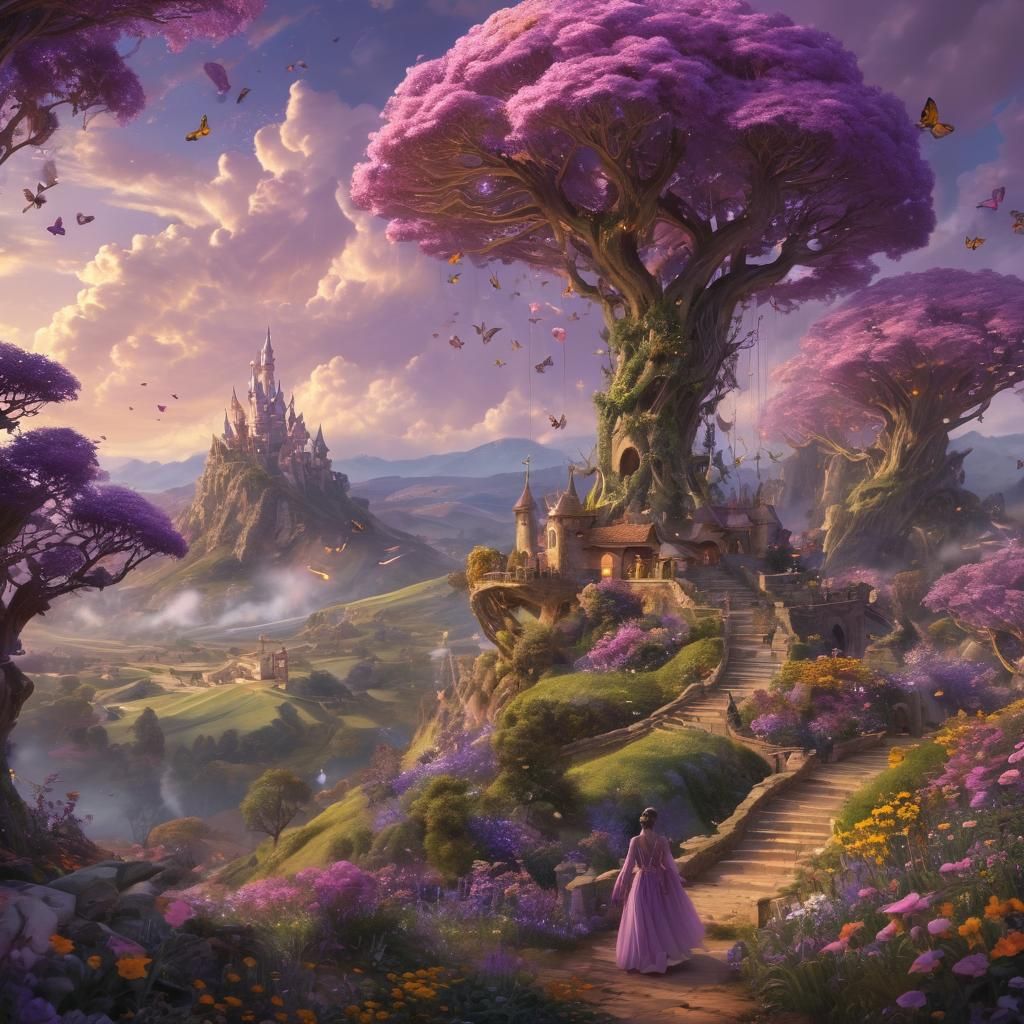 Dreamlike Fantasy Realm with Dragon and Butterflies