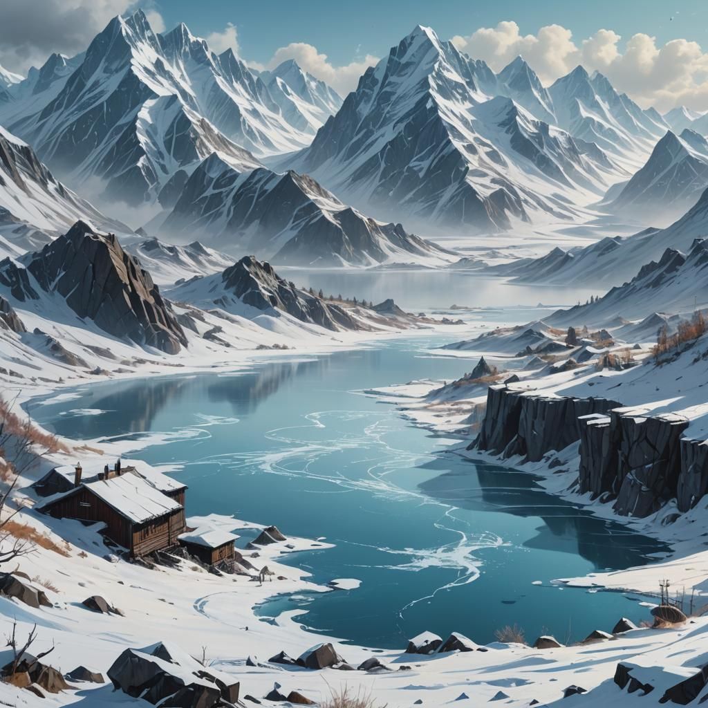 Frozen Lake in Siberian Winter, Digital Matte Painting