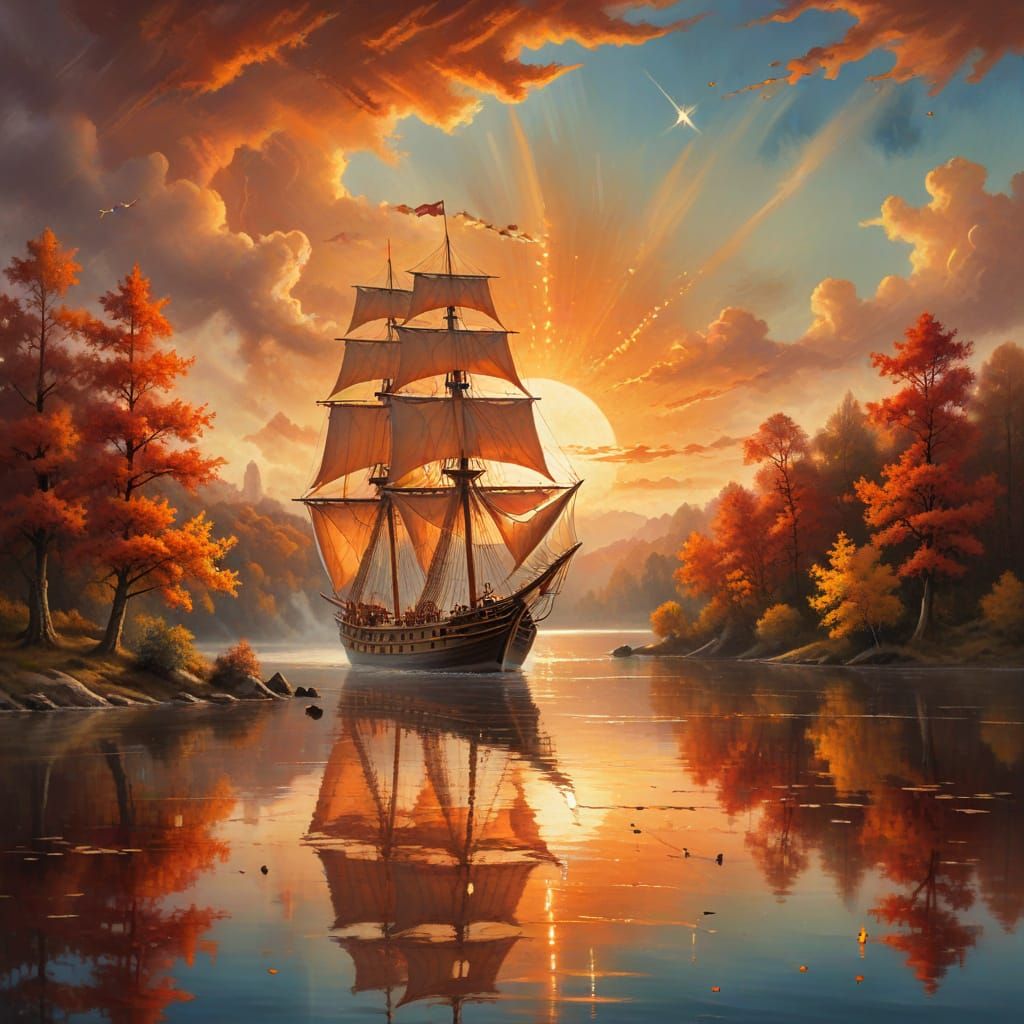 Majestic Tall Ship on Lake in Surreal Landscape