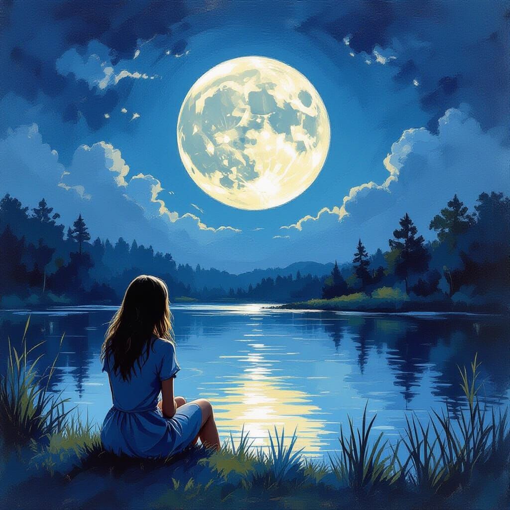 Woman Contemplating Moonlit Pond in Gouache Watercolor Style