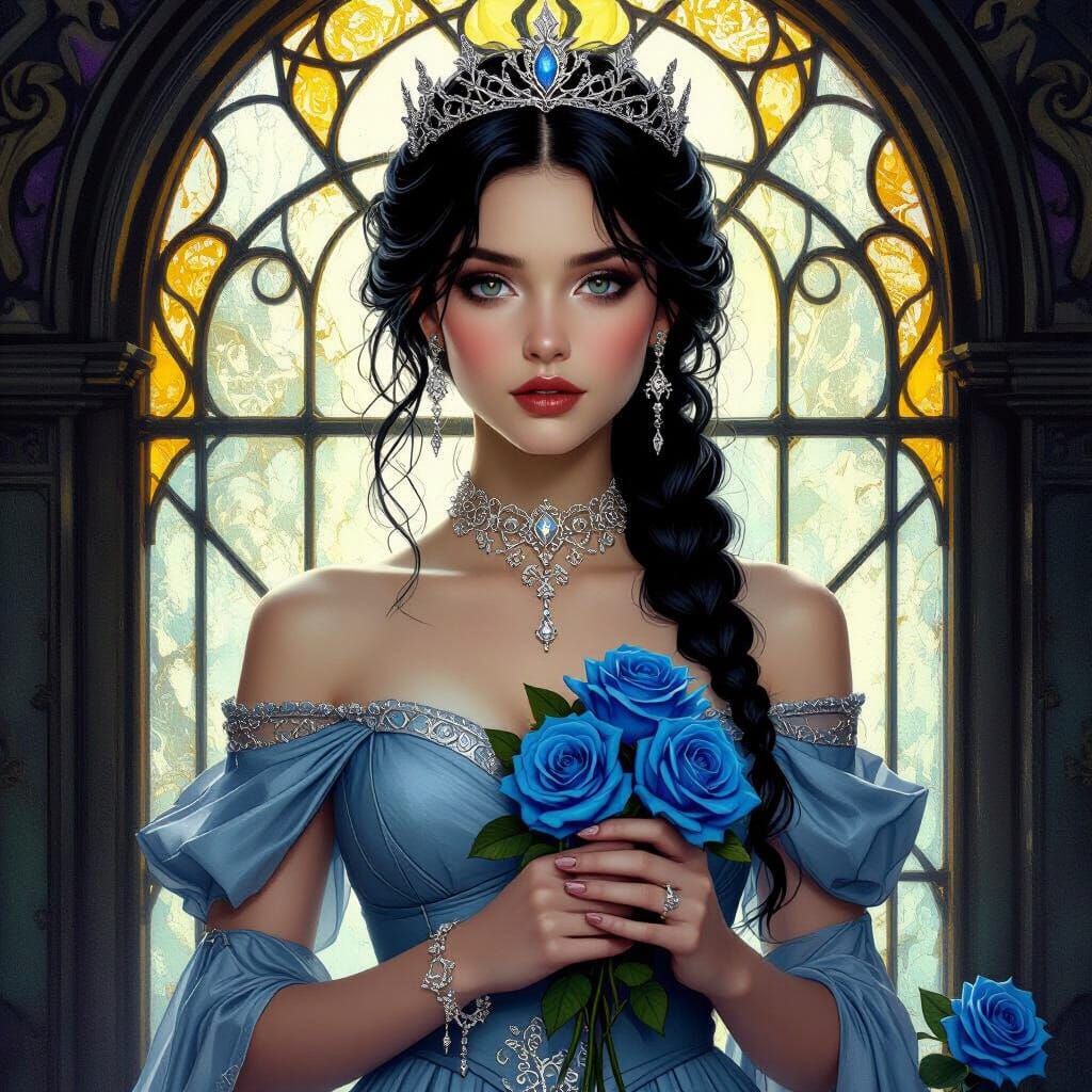 Dark Fantasy Woman with Roses by Stained Glass