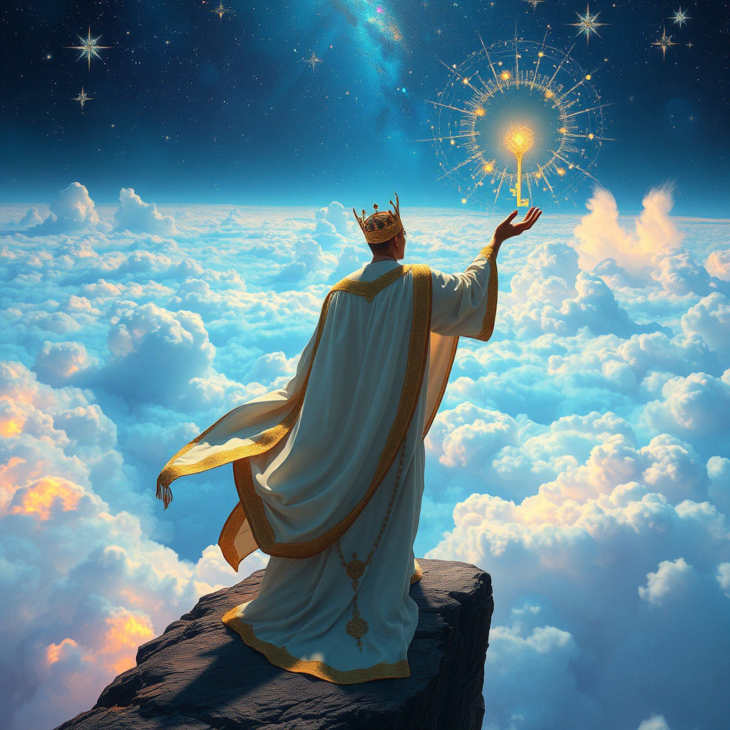 Celestial Figure Unveils Heaven in Surrealist Landscape