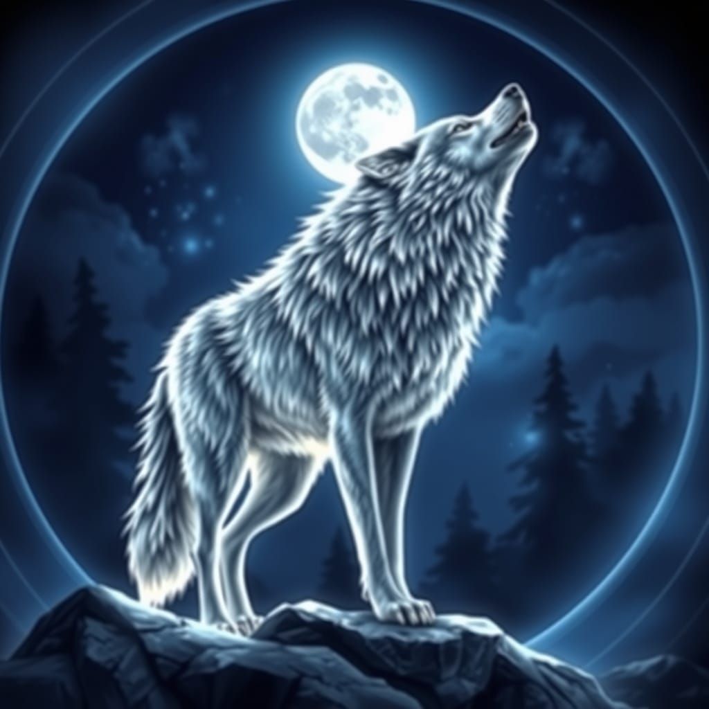 Wolf Amidst Celestial Geometry in Moonlit Beauty