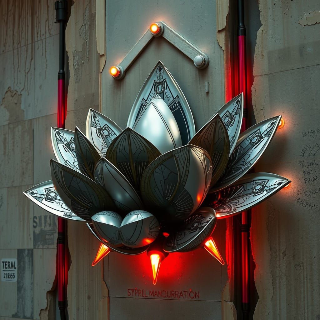 Cyberpunk Lotus Mecha Adorns Ruined Wall