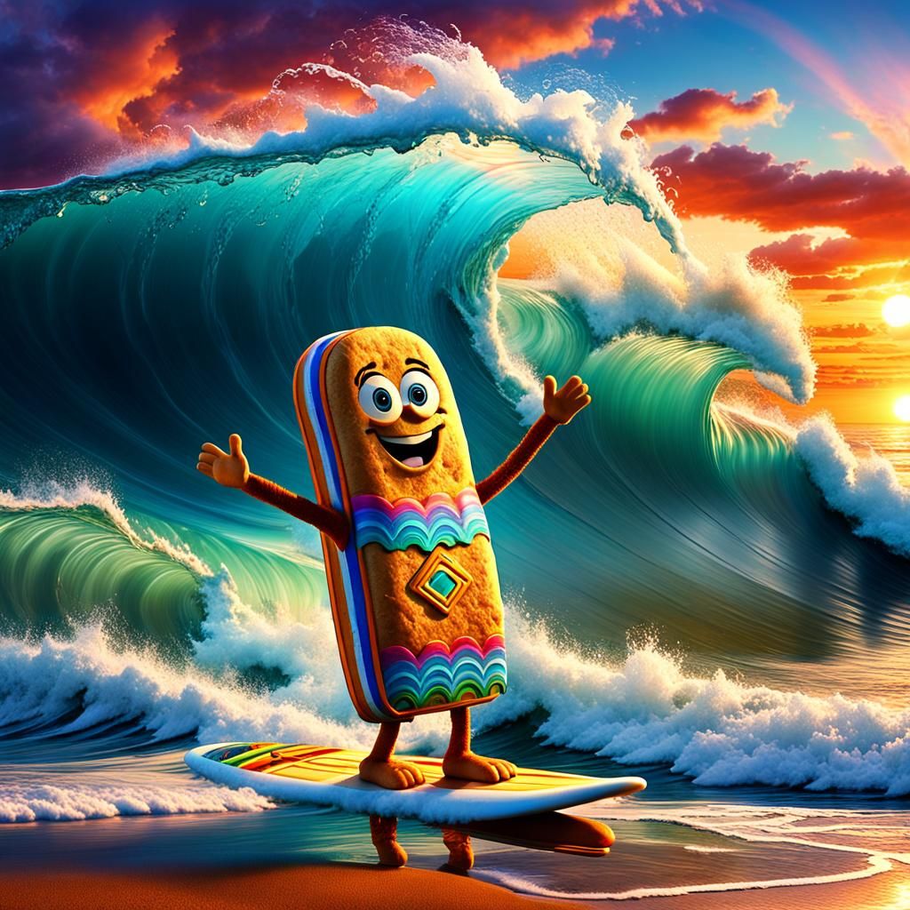 Surfing Hippie Twinkie at Sunset in CGI Style