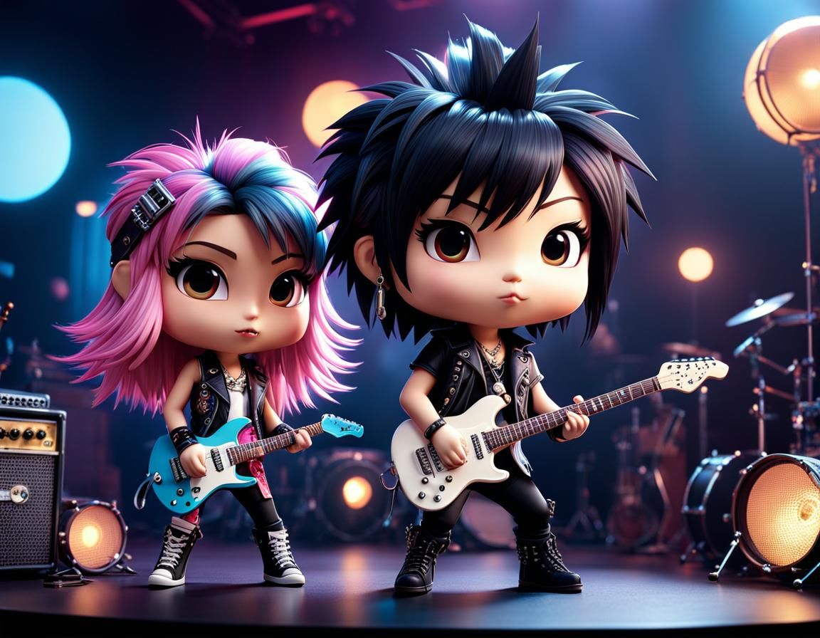 Punk Rocker Chibi Characters in Volumetric Lighting