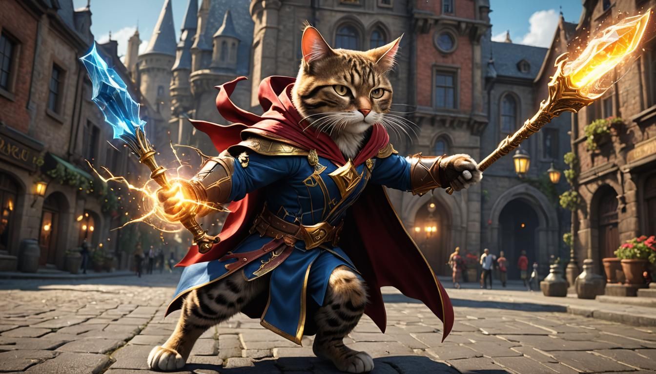 Magical Feline Superhero Casting Spell in Fantasy City